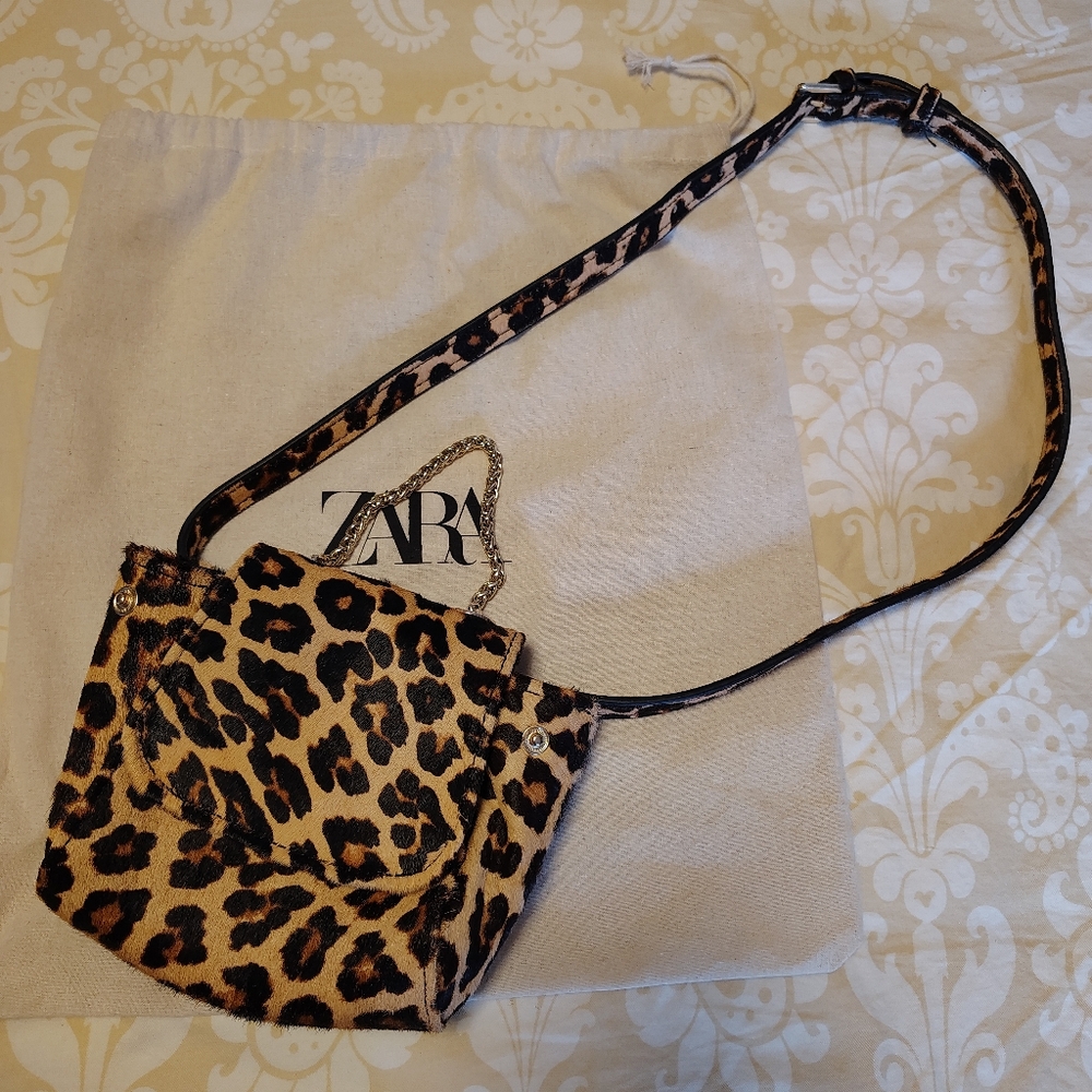 Zara Leopard Animal Print Fuzzy Belt Waist Hand Shoulder Bag